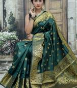 Green silk blend banarasi saree with unstitched blouse piece