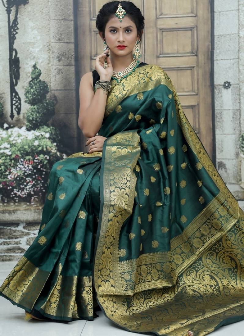 Green soft silk blend banarasi jacuard work designer party wear saree with unstitched blouse piece