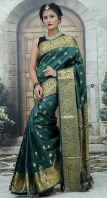 Green silk blend banarasi saree with unstitched blouse piece 2