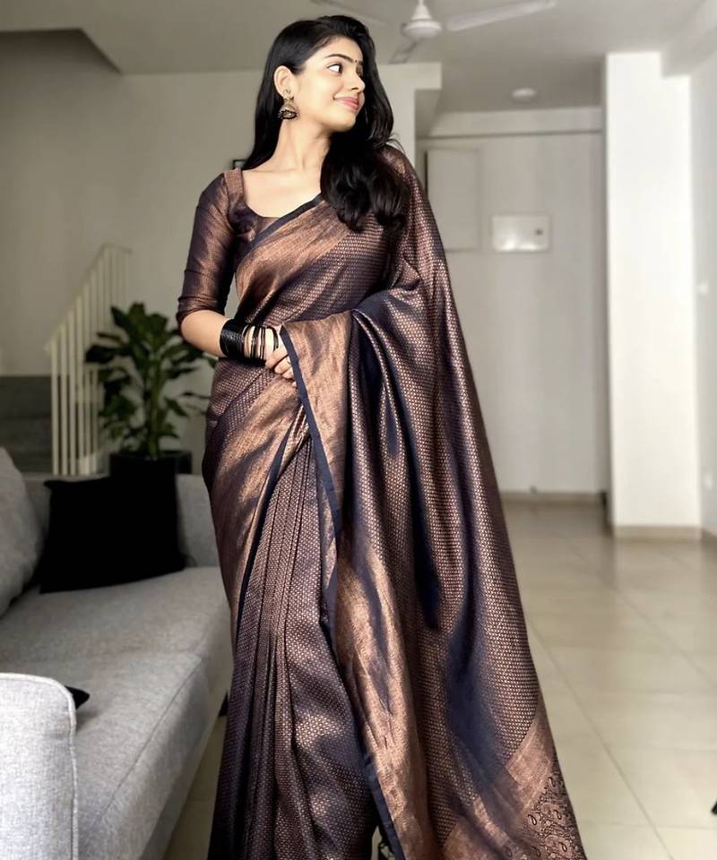 Black soft silk blend banarasi jacuard work designer party wear saree with unstitched blouse piece