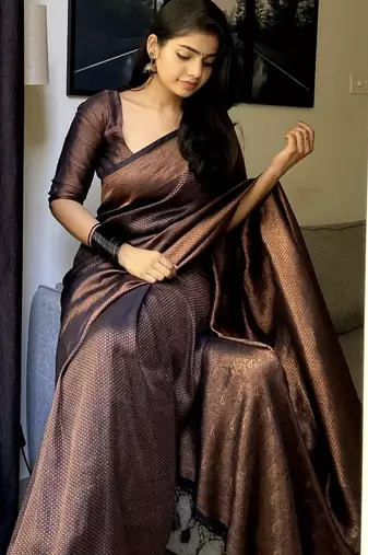 Black silk blend banarasi saree with unstitched blouse piece