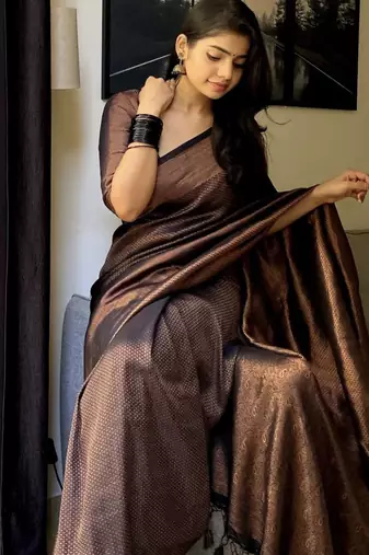 Black silk blend banarasi saree with unstitched blouse piece