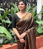 Black silk blend banarasi saree with unstitched blouse piece