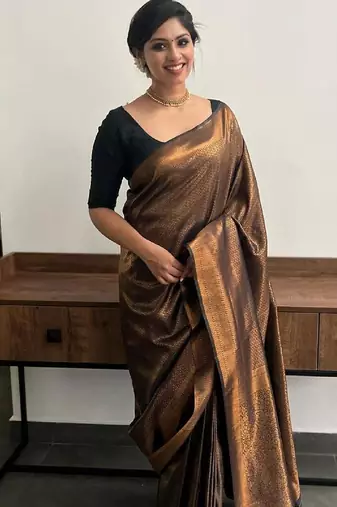 Black silk blend banarasi saree with unstitched blouse piece