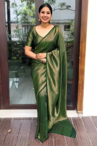 Green silk blend banarasi saree with unstitched blouse piece