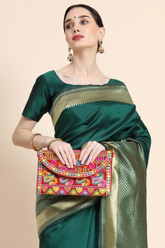 Ghreen soft silk blend banarasi jacuard work designer party wear saree with unstitched blouse piece