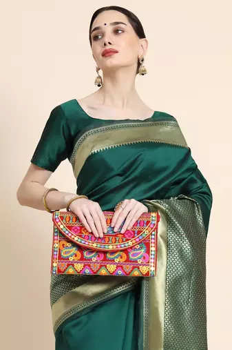 Ghreen soft silk blend banarasi jacuard work designer party wear saree with unstitched blouse piece