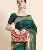 Ghreen soft silk blend banarasi jacuard work designer party wear saree with unstitched blouse piece