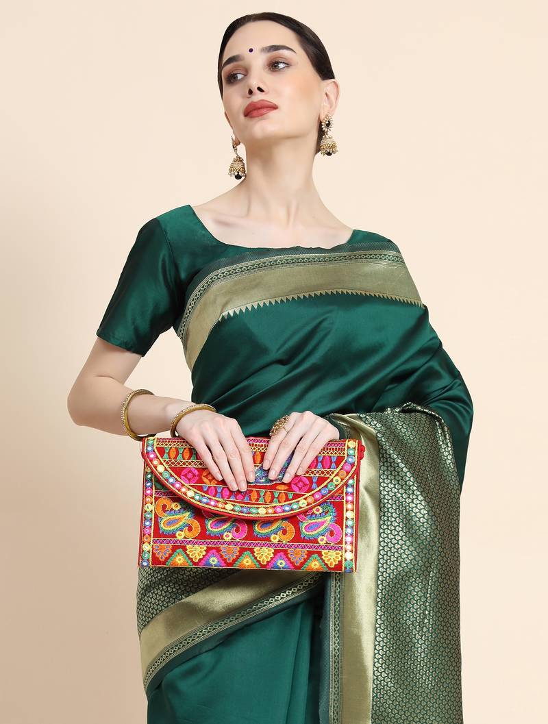 Ghreen soft silk blend banarasi jacuard work designer party wear saree with unstitched blouse piece