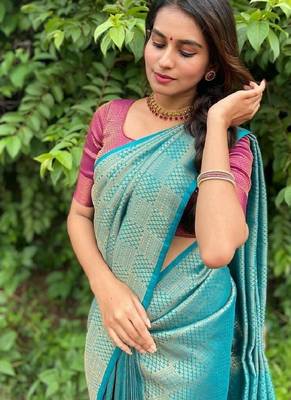 Ghreen silk blend banarasi saree with unstitched blouse piece 5