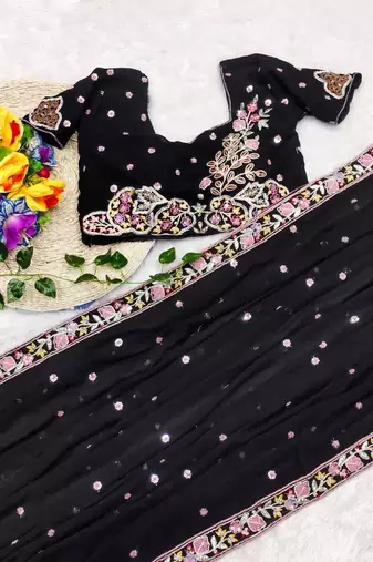 Black Color Sequence Embroidery work Georgette Saree