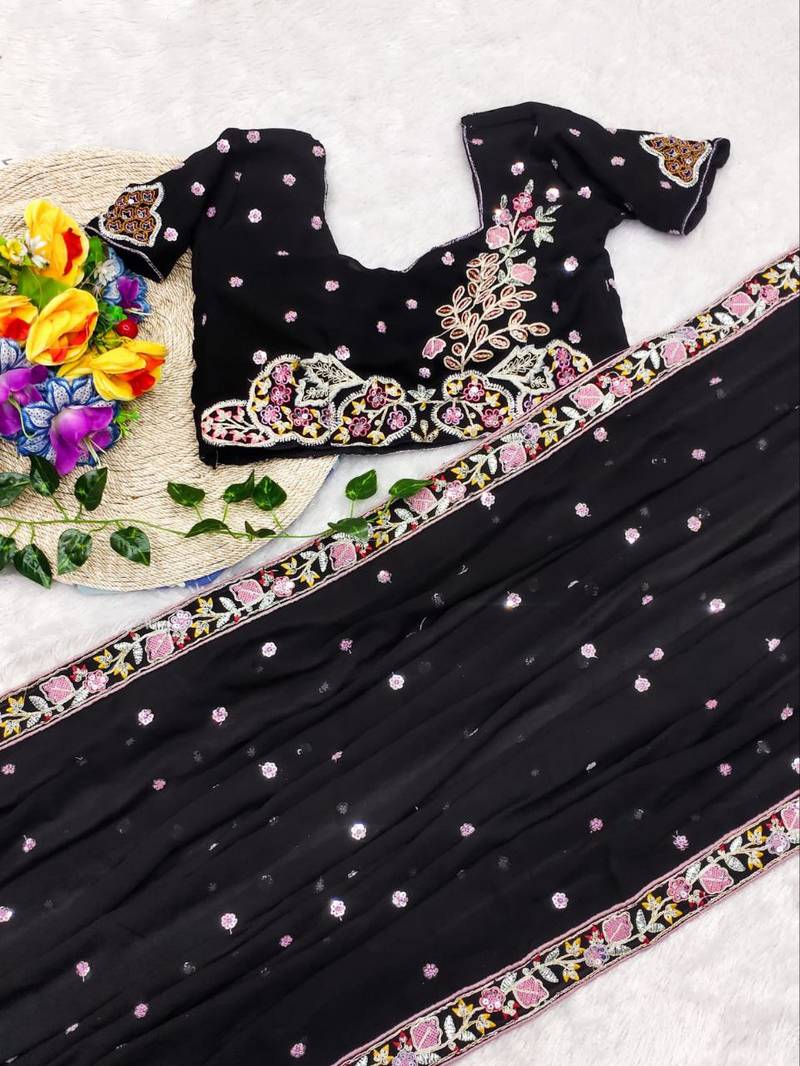 Black Color Sequence Embroidery work Georgette Saree