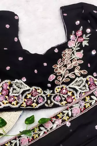 Black Color Sequence Embroidery work Georgette Saree