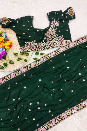 Green  Color Sequence Embroidery work Georgette Saree