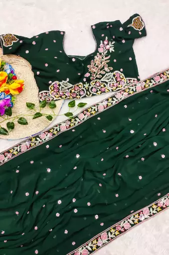 Green  Color Sequence Embroidery work Georgette Saree