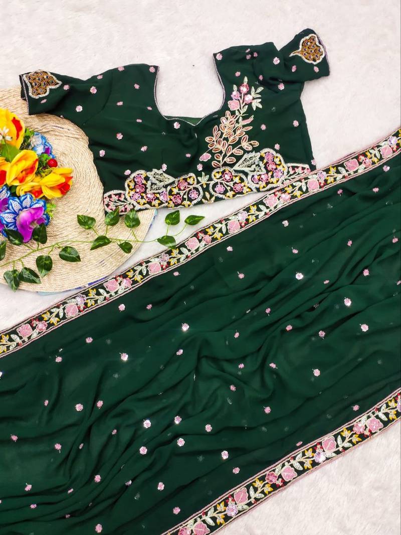 Green  Color Sequence Embroidery work Georgette Saree