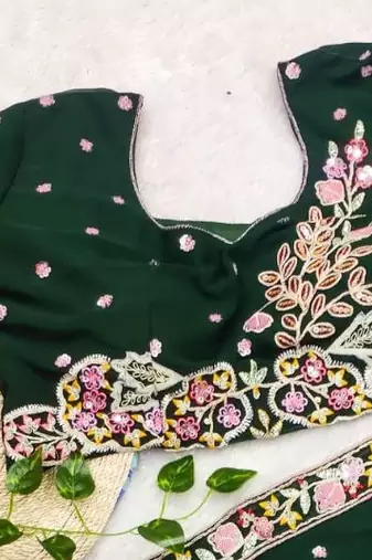 Green  Color Sequence Embroidery work Georgette Saree