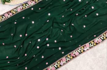 Green  Color Sequence Embroidery work Georgette Saree 3