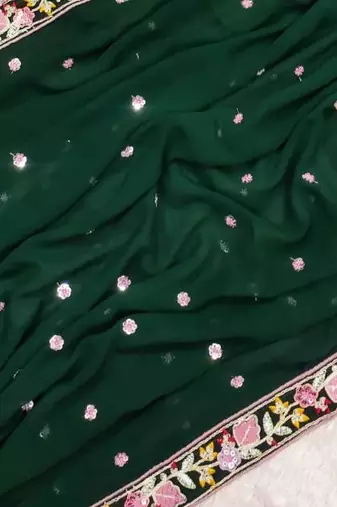 Green  Color Sequence Embroidery work Georgette Saree
