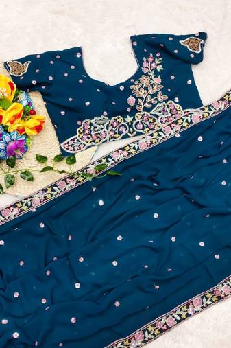 Peacock Blue Color Sequence Embroidery work Georgette Saree