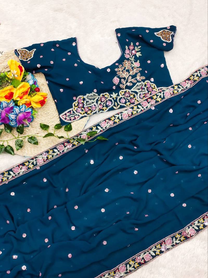 Peacock Blue Color Sequence Embroidery work Georgette Saree