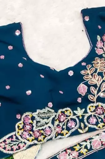 Peacock Blue Color Sequence Embroidery work Georgette Saree