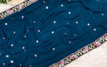 Peacock Blue Color Sequence Embroidery work Georgette Saree 3