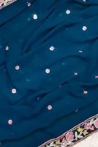 Peacock Blue Color Sequence Embroidery work Georgette Saree