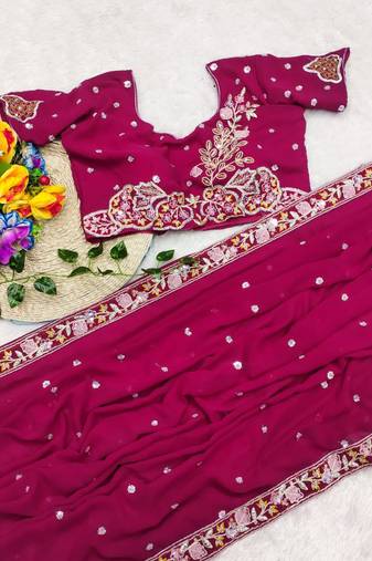 Rani Pink Color Sequence Embroidery work Georgette Saree