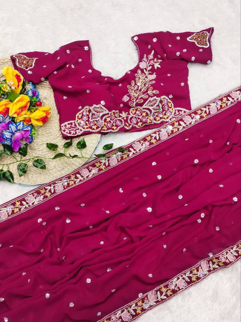 Rani Pink Color Sequence Embroidery work Georgette Saree
