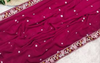 Rani Pink Color Sequence Embroidery work Georgette Saree 2