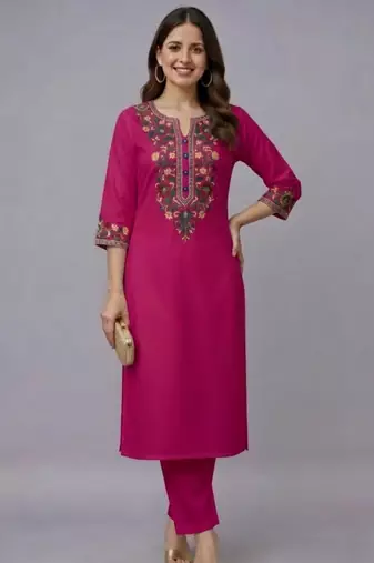 Pink embroidered rayon kurta set