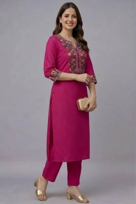 Pink embroidered rayon kurta set 2