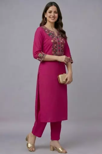 Pink embroidered rayon kurta set