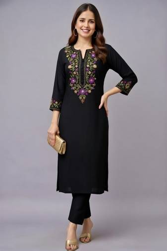 Black embroidered rayon kurta set