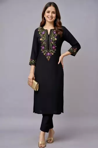 Black embroidered rayon kurta set