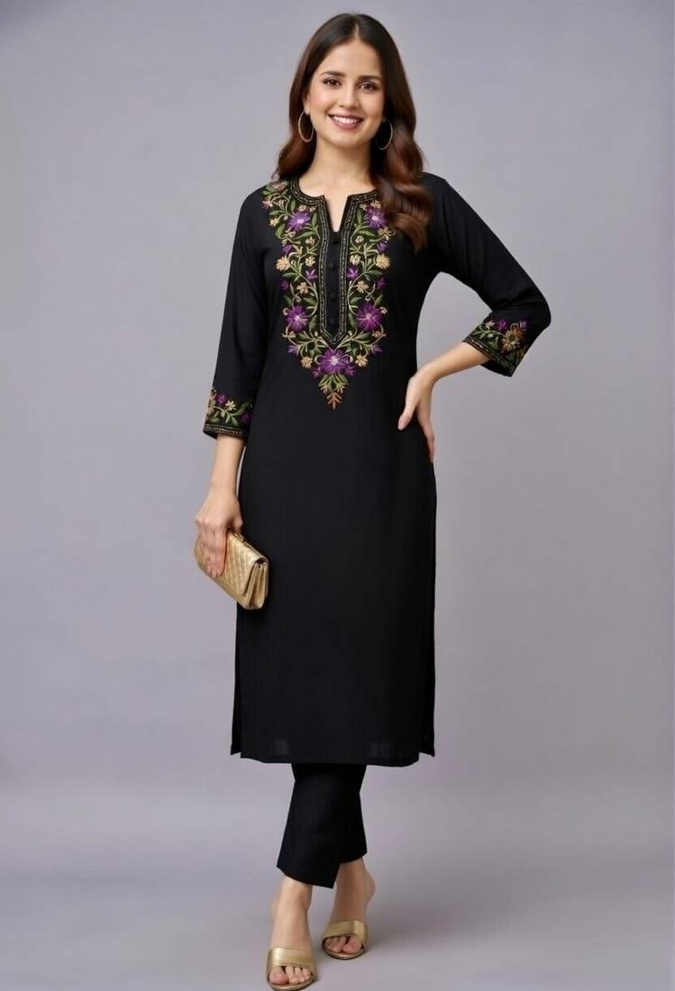 Black embroidered rayon kurta set