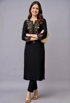 Black embroidered rayon kurta set 2