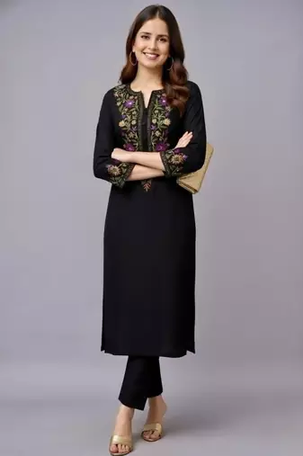 Black embroidered rayon kurta set