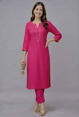 Pink embroidered rayon kurta set 1