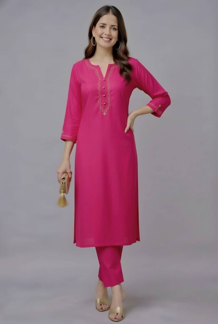 Pink embroidered rayon kurta set