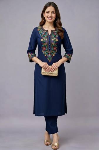 Navy embroidered rayon kurta set