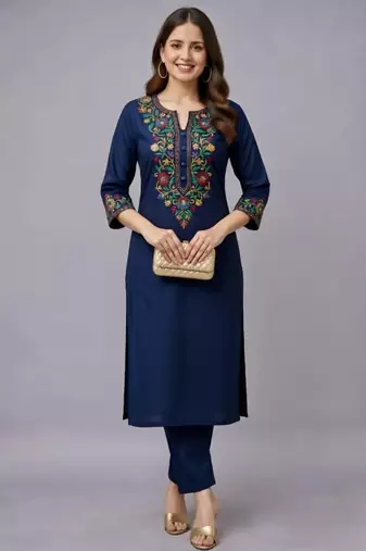 Navy embroidered rayon kurta set