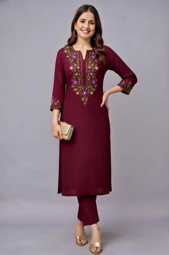 Maroon embroidered rayon kurta set