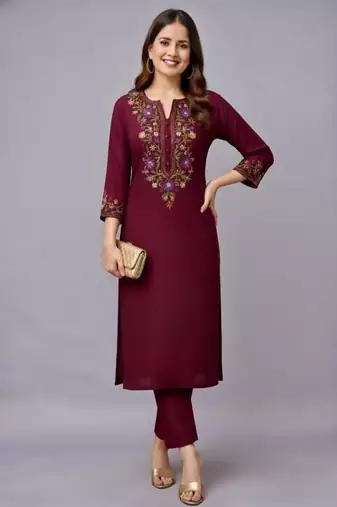 Maroon embroidered rayon kurta set