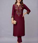 Maroon embroidered rayon kurta set
