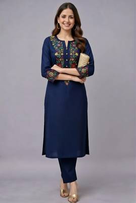 Navy embroidered rayon kurta set 2