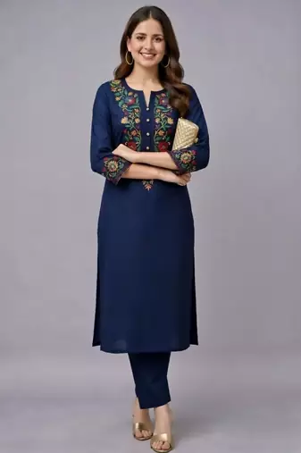 Navy embroidered rayon kurta set