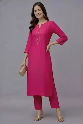 Pink embroidered rayon kurta set