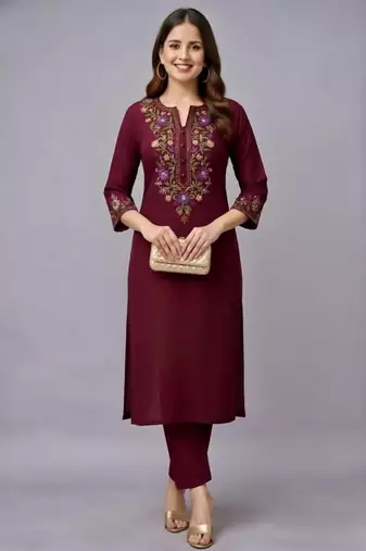 Maroon embroidered rayon kurta set